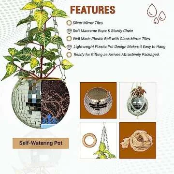 World of Nature Hanging Disco Ball Planter - Disco Planter with Chain & Macramé Rope, Disco Ball Plant Hanger & Hanging Planter for Outdoor Plants - Silver 6 Inch