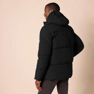 Amazon Essentials Men's Mid-Length Hooded Puffer Coat (Available in Big & Tall), Black, Medium