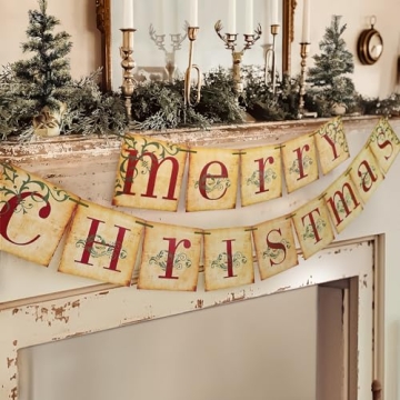 Vintage Merry Christmas Banner - Retro Nostalgic Christmas Decorations for Indoor Decor and Fireplac...