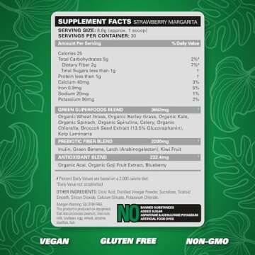 EHP Labs OxyGreens Super Greens Powder - Spirulina & Chlorella Superfood, Green Juice Powder & Greens Supplements with Prebiotic Fibre, Antioxidants & Immunity Support, 30 Serves (Strawb. Margarita)