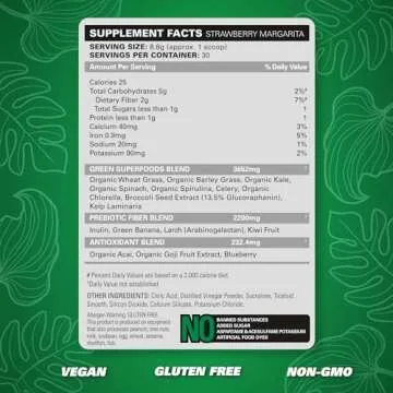 EHP Labs OxyGreens Super Greens Powder - Spirulina & Chlorella Superfood, Green Juice Powder & Greens Supplements with Prebiotic Fibre, Antioxidants & Immunity Support, 30 Serves (Strawb. Margarita)