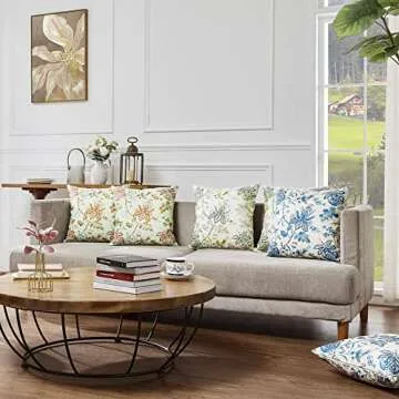 BLESFEST Pack of 2, Blue Floral Pillow Cover 18 x 18 Inch Mughal Flower Throw Pillow Cover Linen Farmhouse Pillow Case Cushion Covers for Sofa Couch Living Room