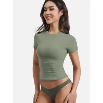 YEOREO Women Fitted Workout Tops Short Sleeve Double Lined Basic Y2K Going Out Crew Neck Compression Crop Top Army Green S