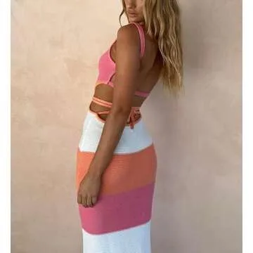 NUFIWI Women Backless Hollow Out Long Dress Sexy Knitted Maxi Dress Bodycon Spaghetti Strap Cocktail Party Midi Dress(Colorblock Pink,S)