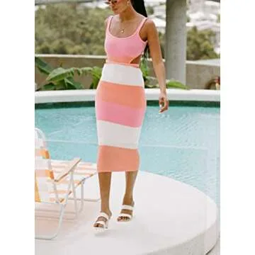 NUFIWI Women Backless Hollow Out Long Dress Sexy Knitted Maxi Dress Bodycon Spaghetti Strap Cocktail Party Midi Dress(Colorblock Pink,S)