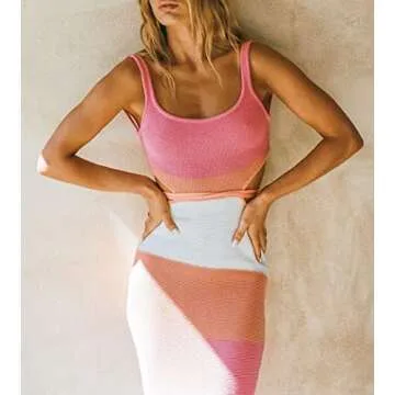 NUFIWI Women Backless Hollow Out Long Dress Sexy Knitted Maxi Dress Bodycon Spaghetti Strap Cocktail Party Midi Dress(Colorblock Pink,S)