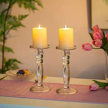NUPTIO 2 Pcs Glass Candle Holders for Tables, Clear Candle Holders for Pillar Candles, 9.25in Height Candlesticks Holder Set for Living Room Dining Room Wedding Centrepieces Housewarming Gifts