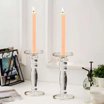 NUPTIO 2 Pcs Glass Candle Holders for Tables, Clear Candle Holders for Pillar Candles, 9.25in Height Candlesticks Holder Set for Living Room Dining Room Wedding Centrepieces Housewarming Gifts