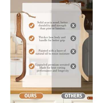 Sourdough Bread Bow Knife Double Serrated Large - Acacia Wood Bread Cutter Slicer for Homemade Bread, Sourdough Making Tools and Supplies Baking Essential Accessories, Gifts for Sourdough Bakers