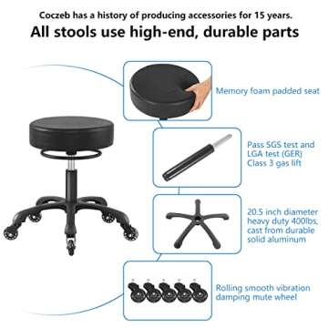 Swivel Rolling Stool Chair Aesthetic Work Chair Stool for Spa Massage Manicure Shop Larger Seat Heavy Duty (400lb Load Capacity)