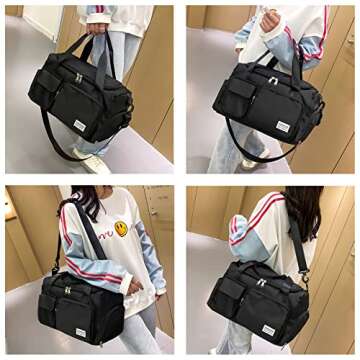 Black Gym Bag for Women, Waterproof Travel Duffle Carry On Weekender with Shoe Compartment & Wet Pocket, Tote Travel, Workout, Sport