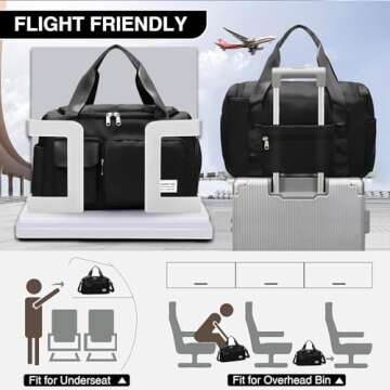 Black Gym Bag for Women, Waterproof Travel Duffle Carry On Weekender with Shoe Compartment & Wet Pocket, Tote Travel, Workout, Sport