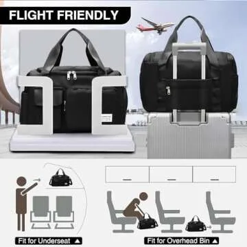 Black Gym Bag for Women, Waterproof Travel Duffle Carry On Weekender with Shoe Compartment & Wet Pocket, Tote Travel, Workout, Sport