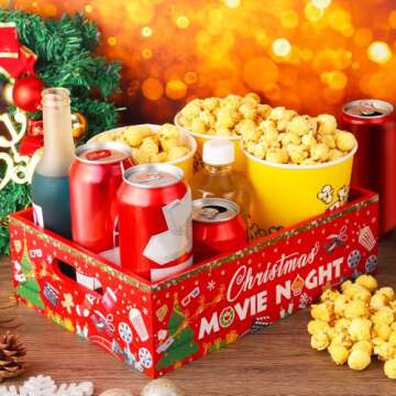 PYQTH Christmas Movie Night Tray Wooden Snack Tray Snack Organizer with Handles Snack Holder Popcorn Box Xmas Movie Night Party Supplies Decoration Chips Candy Organizer
