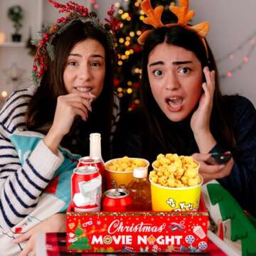 PYQTH Christmas Movie Night Tray Wooden Snack Tray Snack Organizer with Handles Snack Holder Popcorn Box Xmas Movie Night Party Supplies Decoration Chips Candy Organizer