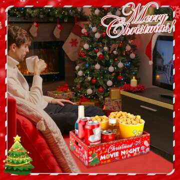 PYQTH Christmas Movie Night Tray Wooden Snack Tray Snack Organizer with Handles Snack Holder Popcorn Box Xmas Movie Night Party Supplies Decoration Chips Candy Organizer