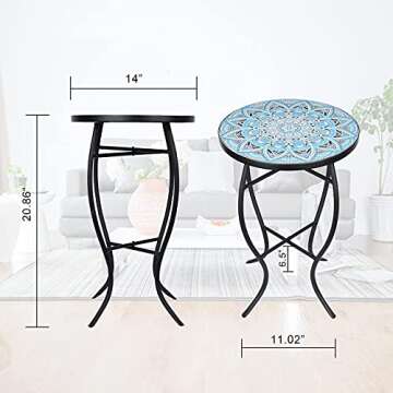 Vipush Mosaic Outdoor Side Table, 14" Round Folding End Table, Patio Accent Table Indoor Plant Stand for Living Room,Geramic Table Top Black Iron,Light Blue