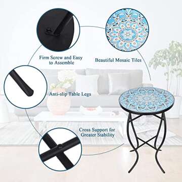 Vipush Mosaic Outdoor Side Table, 14" Round Folding End Table, Patio Accent Table Indoor Plant Stand for Living Room,Geramic Table Top Black Iron,Light Blue