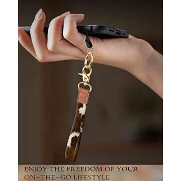 JOYESA Fashion Wrist Lanyard Key Chain with Metal Clasp for Women,Luxury Cow Durable Car Keychain Hand Strap,Wallet,Id Badges Holder, Cell Phone(Brown Cowhide)