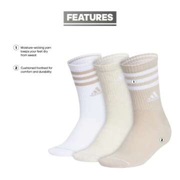 adidas Women's 3-Stripe Crew Socks (3-Pair) with Arch Compression, Wonder Beige/White/Alumina Heathe...