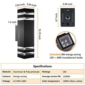 2 Pack Outdoor Wall Light, Wall Sconce Waterproof Porch Light, 8W Light Fixtures,800Lumen Outdoor Lighting,3000K Led Wall Light Sconce,Up Down Light,Black Modern Wall Sconce for Porch Patio Garage