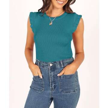 Ferlema Womens Summer Ruffle Sleeve Tops Casual Crewneck Slim Fit Knit Lightweight Sweater Pullover Top Peacock Blue X-Large