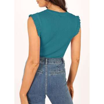Ferlema Womens Summer Ruffle Sleeve Tops Casual Crewneck Slim Fit Knit Lightweight Sweater Pullover Top Peacock Blue X-Large