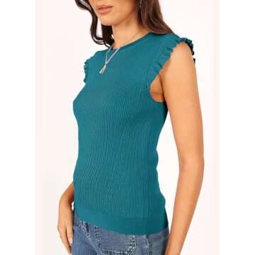Ferlema Womens Summer Ruffle Sleeve Tops Casual Crewneck Slim Fit Knit Lightweight Sweater Pullover Top Peacock Blue X-Large