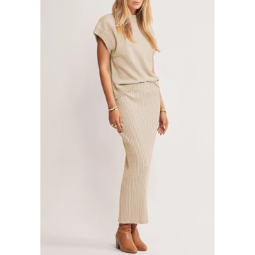 Pink Queen Women Spring Skirt Outfits Cap Sleeve Sweater Tops Ribbed Bodycon Knit Date Night Maxi Dress Set Apricot XL