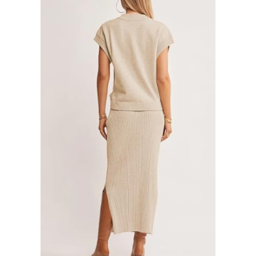 Pink Queen Women Spring Skirt Outfits Cap Sleeve Sweater Tops Ribbed Bodycon Knit Date Night Maxi Dress Set Apricot XL