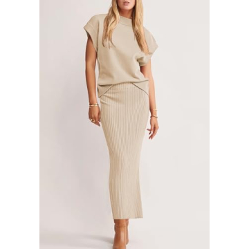 Pink Queen Women Spring Skirt Outfits Cap Sleeve Sweater Tops Ribbed Bodycon Knit Date Night Maxi Dress Set Apricot XL