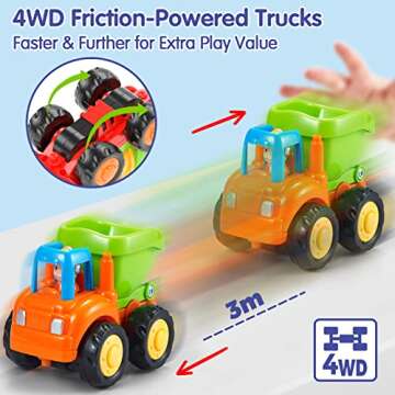 HOLA Toys for 1 2 Year Old Boy Birthday Gift - 4 PCS Toy Trucks Toddler Boy Toys, 4WD Friction Power Car Toys, Toddler Toys 1-2 Early Educational Christmas Easter Stocking Stuffers