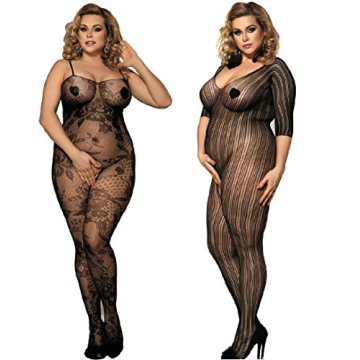 LOVELYBOBO 2 Pack Plus Size Womens Lingerie Bodysuits Fishnet Bodystockings black
