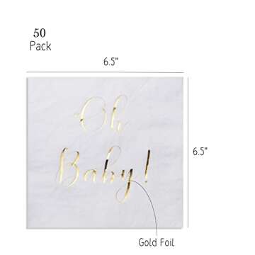 Baby Shower Napkins - 50 Pack Disposable Paper Luncheon Cocktail Napkins with Foil "Oh Baby!" Folded...