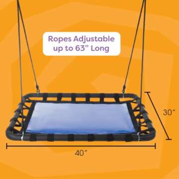 Platform Tree Swing for Kids - Swings for Swing Set, Tree Branch, or Playground - Outdoor Swing with Adjustable Rope - 40x30in Rectangular Swing for Kids Outdoor Activities by Hey Play (Blue/Black)