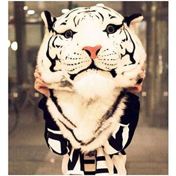 LANFIRE Domineering backpack stuffed tiger head 3D simulation personalised shoulder Bag Animal head shoulders bag (large, tiger white)