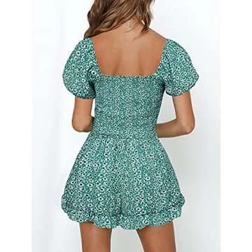 Jeanewpole1 Women Shirred Smocked Tube Top Short Wide Leg Pants Romper Jumpsuit Green