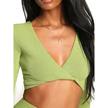 Vrtige Women's 2 Piece Outfits Twist Front Crop Top and Split Ruched Long Skirt Set Grass Green Small