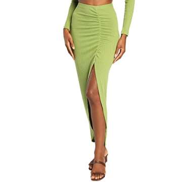 Vrtige Women's 2 Piece Outfits Twist Front Crop Top and Split Ruched Long Skirt Set Grass Green Small