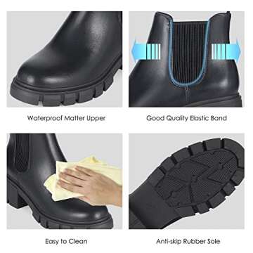 Athlefit Women's Chelsea Boots Fashion Lug Sole Chunky Heel Slip on Elastic Ankle Black Booties Size 6.5