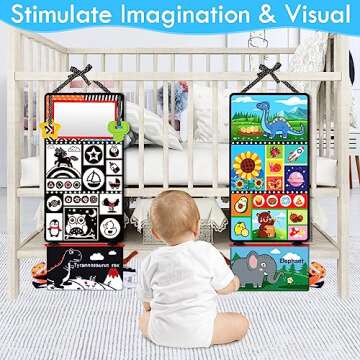 Aboosam Tummy Time Baby Mirror Toys 0-6 6-12 Months - Montessori Infant Toys Brain Development with Crinkle Cloth Book and Teether - High Contrast Newborn Sensory Toys for Babies Boys Girls Gifts