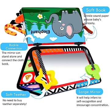 Aboosam Tummy Time Baby Mirror Toys 0-6 6-12 Months - Montessori Infant Toys Brain Development with Crinkle Cloth Book and Teether - High Contrast Newborn Sensory Toys for Babies Boys Girls Gifts
