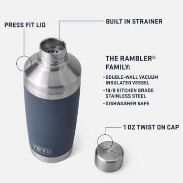 YETI Rambler 20 oz Cocktail Shaker, Stainless Steel, Vacuum Insulated, Navy