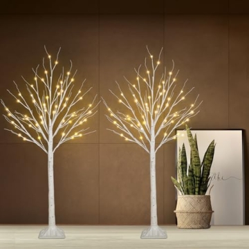 2-Pack 4FT Lighted Birch Trees for Indoor & Outdoor Holiday Decorating