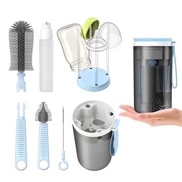 AivaToba Travel Baby Bottle Brush Set, Baby Bottle Cleaning Set with Portable Drying Rack, Silicone ...