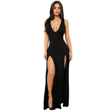 WDIRARA Women's Sexy Deep V Bandage Maxi Dress Black