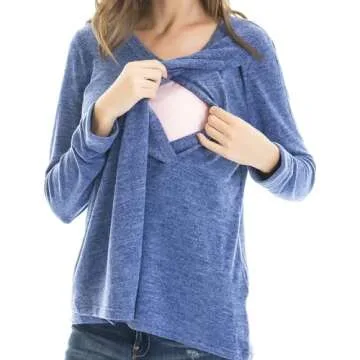 Bearsland Women's Maternity Clothes Comfy Long Sleeves Breastfeeding shirts and Nursing Tops Sky Blue