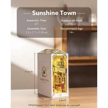 Rowood Book Nook Kits for Adults Bookshelf Insert Decor Alley 3D Wooden Puzzle Bookend DIY Craft Kits for Adults with LED Light - Sunshine Town