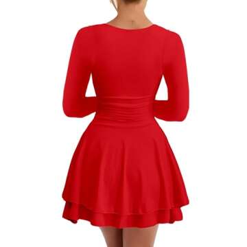 Kaximil Women's Crew Neck Long Sleeve Corset Mini Dress Ruffle Hem Short Party Club Dresses, Medium, Red