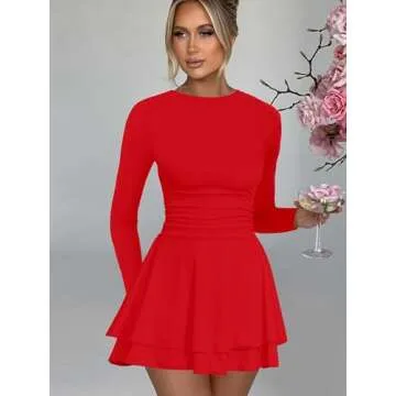 Kaximil Women's Crew Neck Long Sleeve Corset Mini Dress Ruffle Hem Short Party Club Dresses, Medium, Red